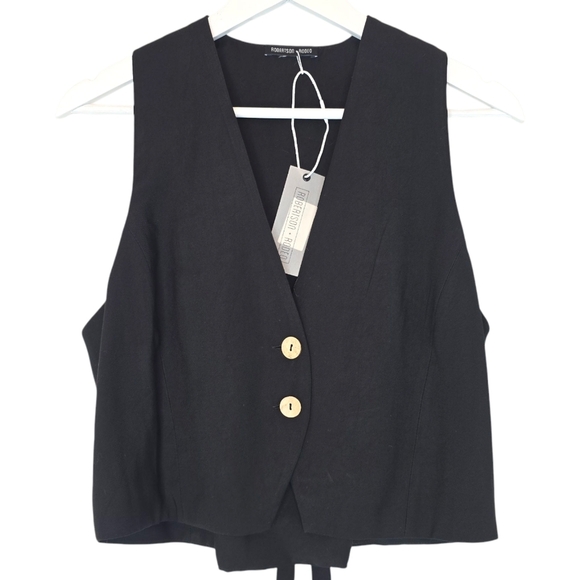 ROBERTSON + RODEO Gabrielle Tuxedo Vest Black Button Tie Back Women's Large Chic - Picture 2 of 10